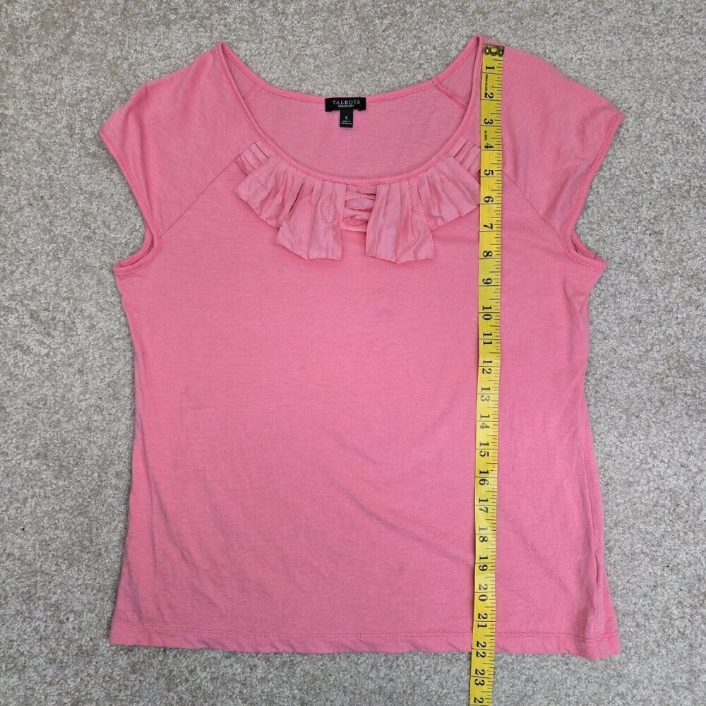 Talbots Women's Small Blouse Pleated Tiered Neckline Short Sleeve Pink Stretch - Picture 7 of 7